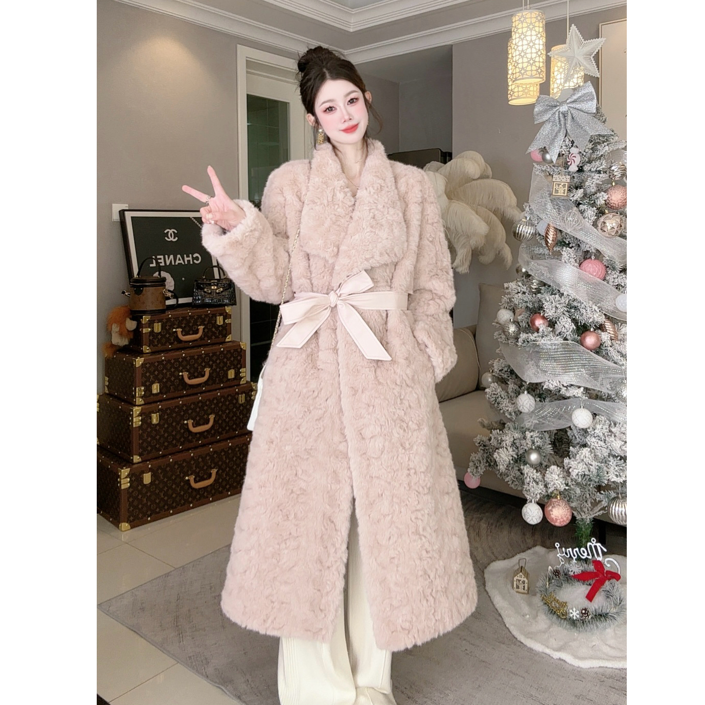 2025/MFE | 冬日恋岛 大翻领长款腰带仿小湖羊毛毛时尚设计师外套