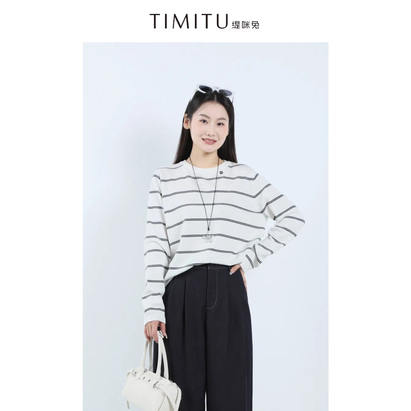 TIMITU缇咪兔宽松休闲薄款圆领拼色条纹针织衫4322006