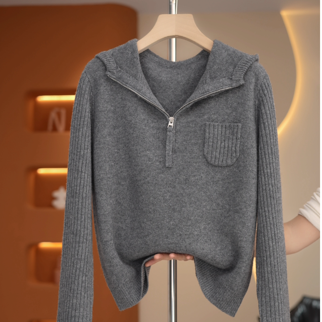 【荣】简约半拉链连帽高级感百搭针织衫-Y20140