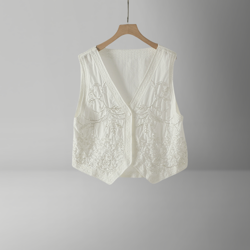薄款修身型夏季V领刺绣/绣花马夹短款无袖春夏白色镂空外搭