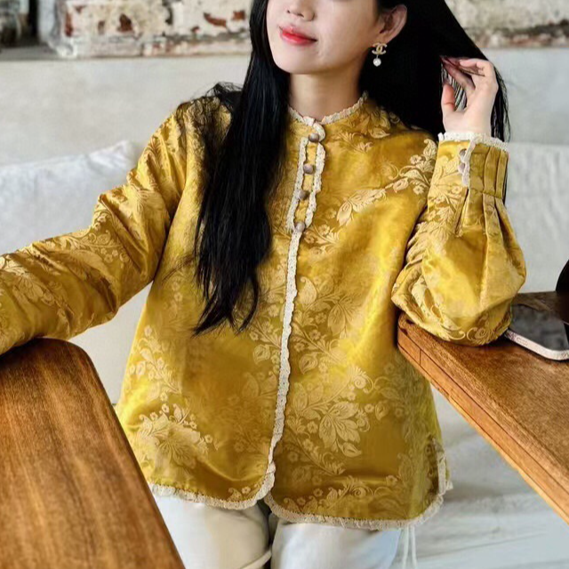 2025新款式提花中国风冬季衬衫长袖拼蕾丝新中式宽松显瘦上衣