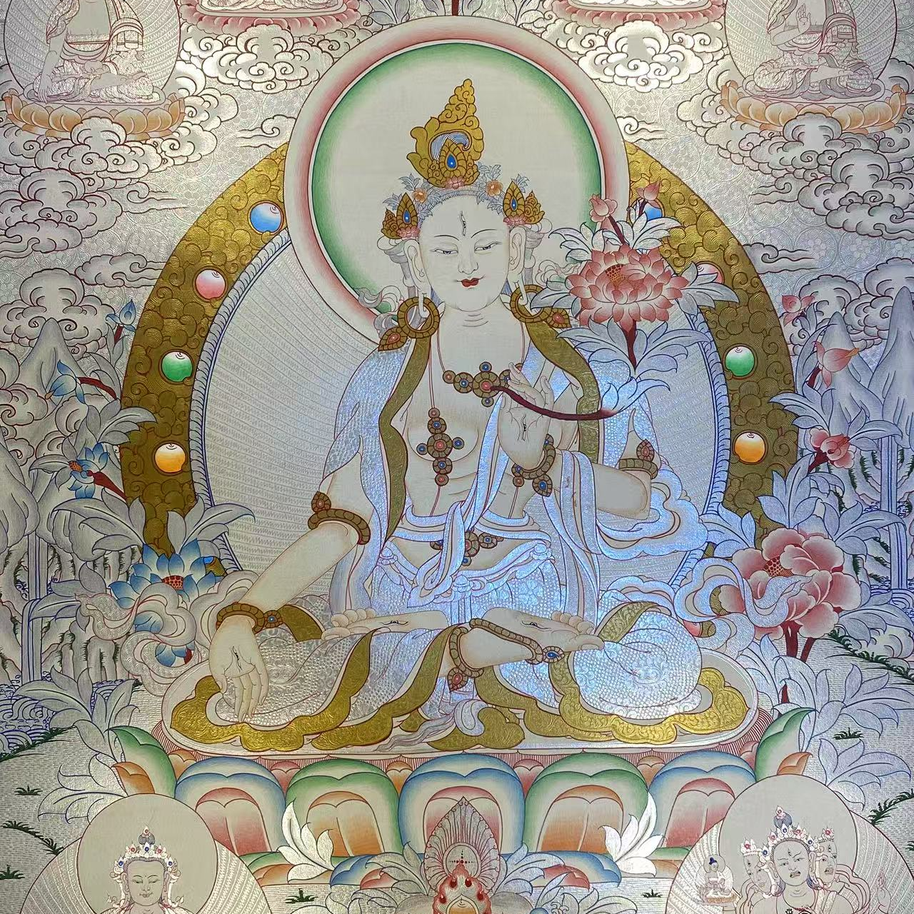 唐卡艺术挂画纯手绘银箔白度母尺寸75*50玄关客厅装饰画民族