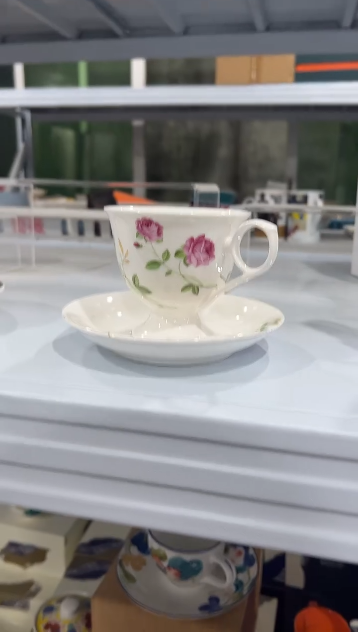 杯子骨瓷（简装）高脚 玫瑰 咖啡杯碟一套+骨瓷咖啡勺