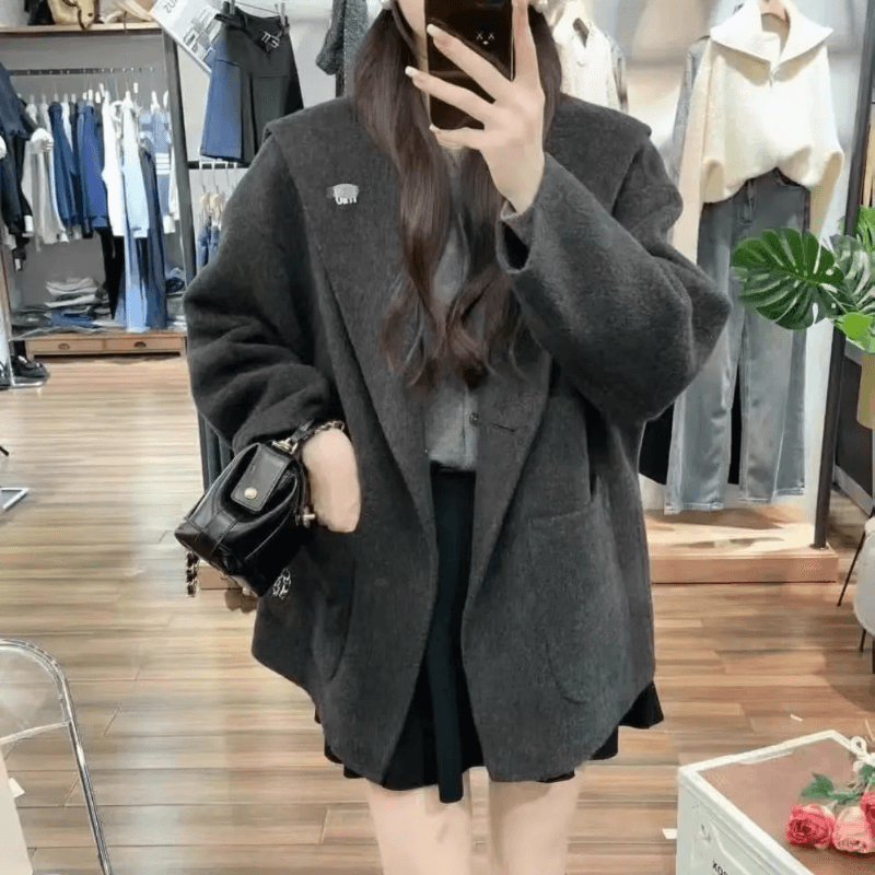 欧洲站宽松慵懒风双面羊毛大衣女2025简约海军领高级感羊毛呢外套