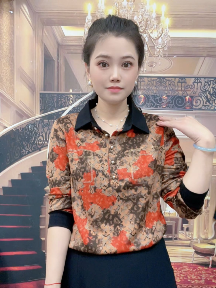 高档中老年女衬衫秋装新款洋气小衫时尚妈妈气质百搭遮肚长袖衬衣