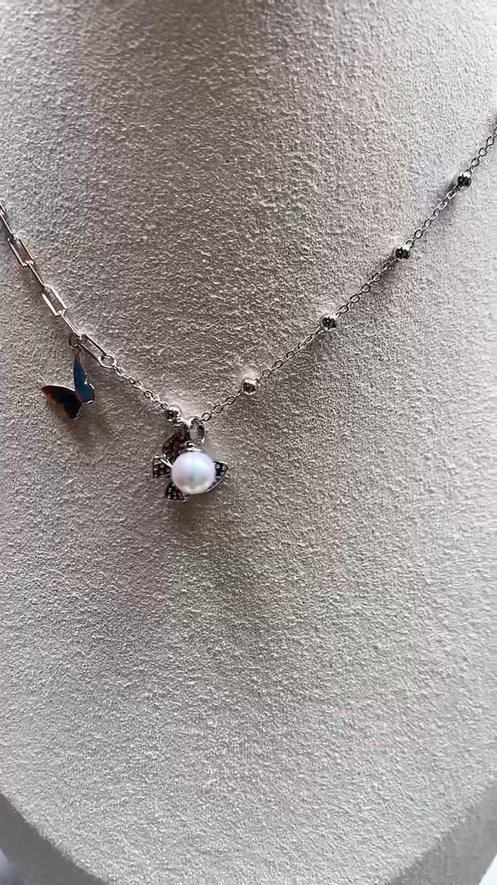 【闪购商品】海水珍珠颈饰银S925镶嵌海水珍珠蝴蝶套链