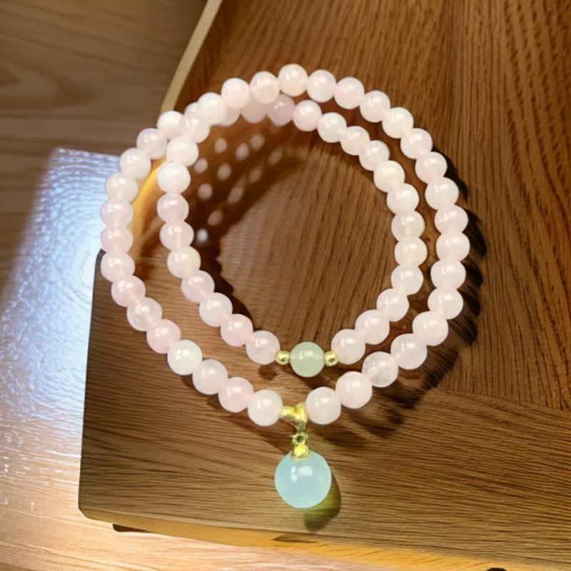 天然粉水晶双圈手链+蓝玉髓吊坠