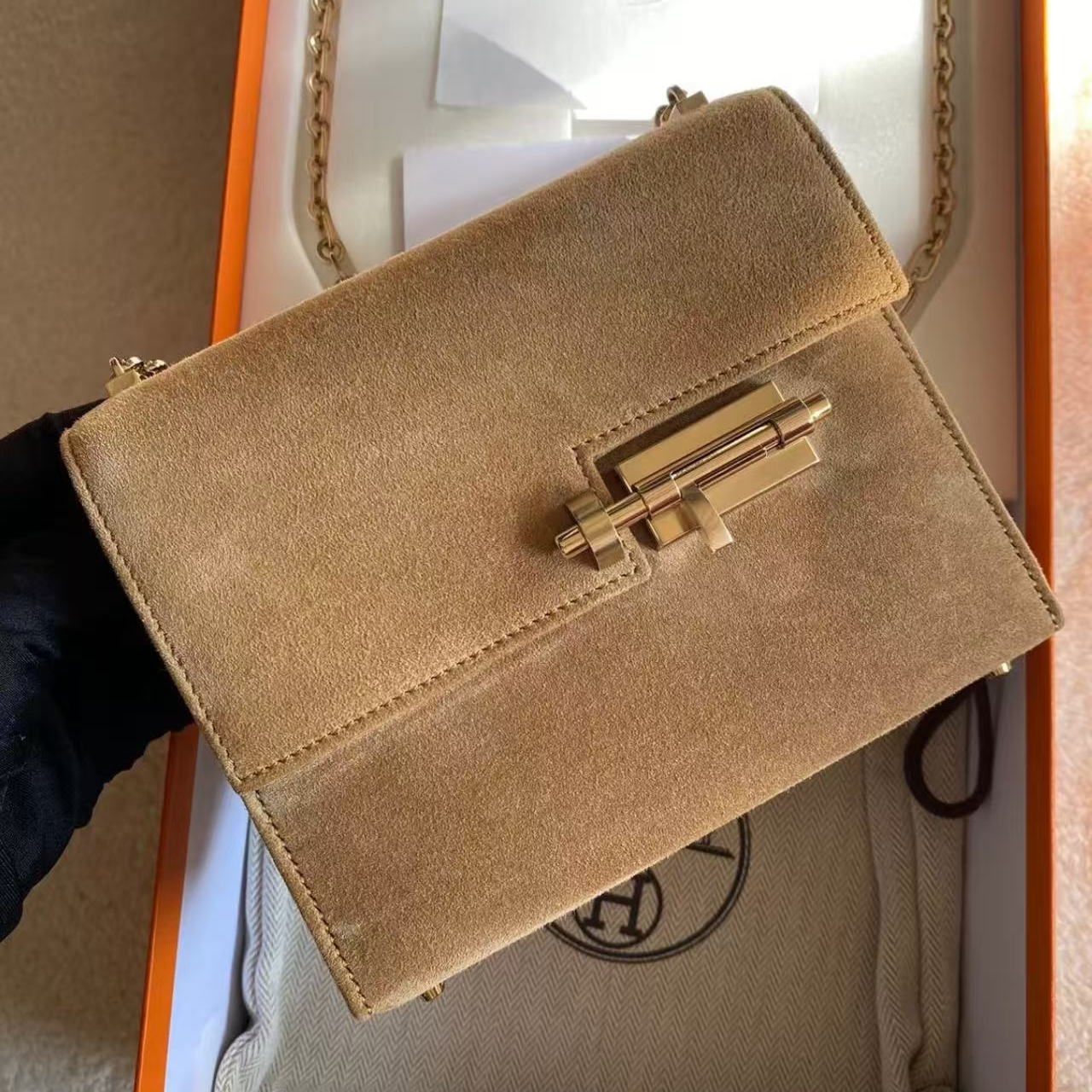 99新 Hermes/爱马仕 HZ爱马仕插销包金棕麂皮银扣单肩包
