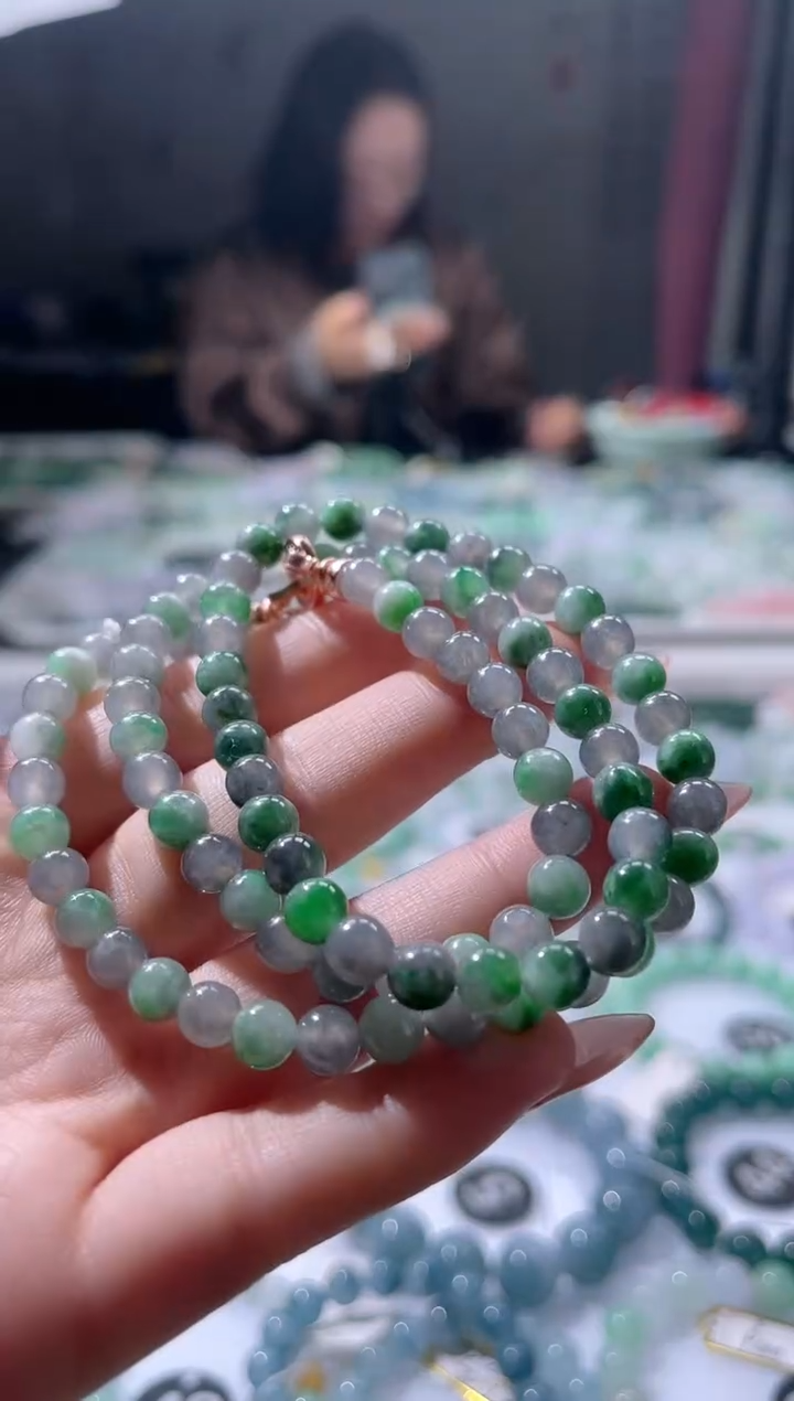 天然翡翠A货冰润春彩紫带绿双彩圆珠项链珠链卡6mm-7mm时尚绿色