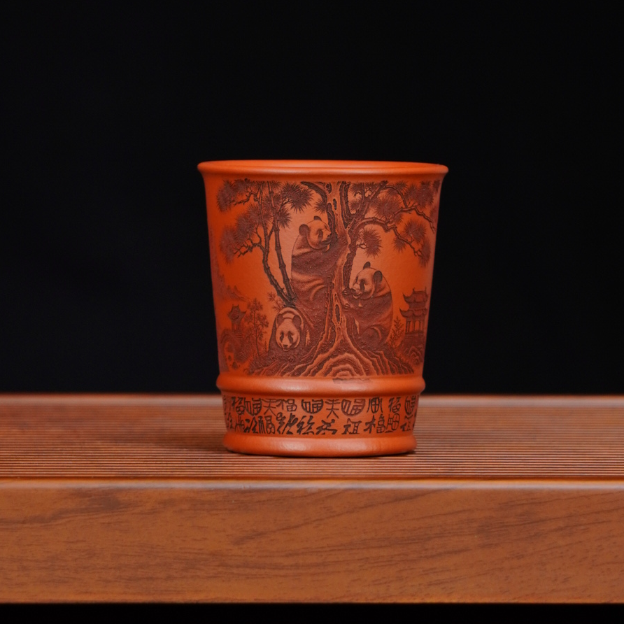 宜兴全手工原矿茶具正宗降坡手刻五福临门熊猫精致紫砂主人杯