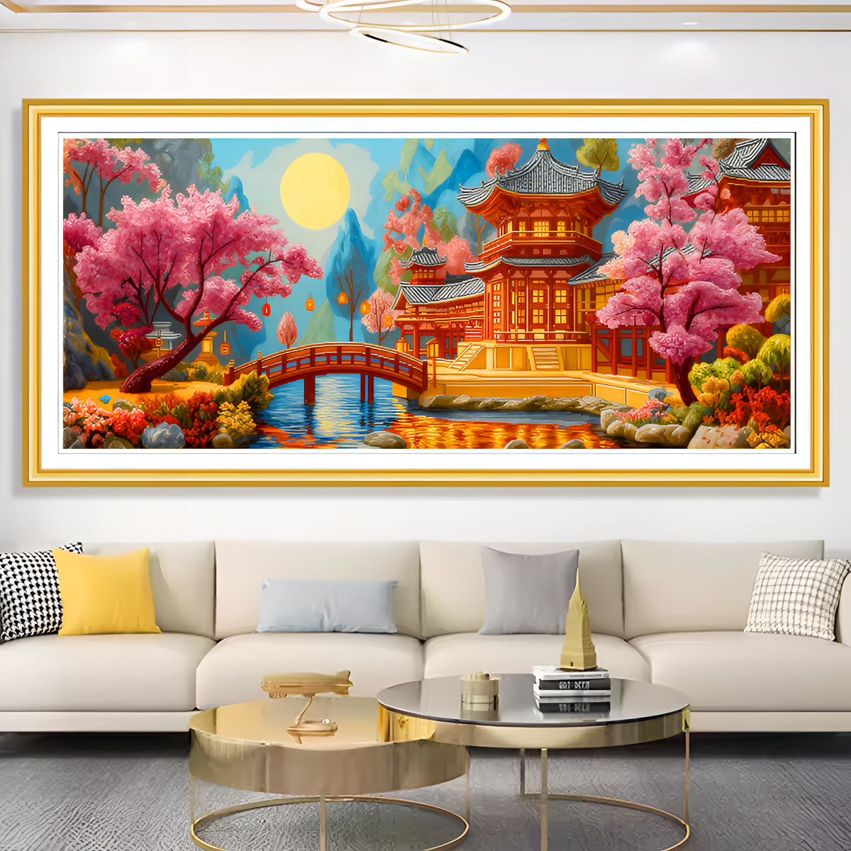 美初十字绣丹枫江南红桥映水梦里江南水乡夜景古风客厅线绣手工