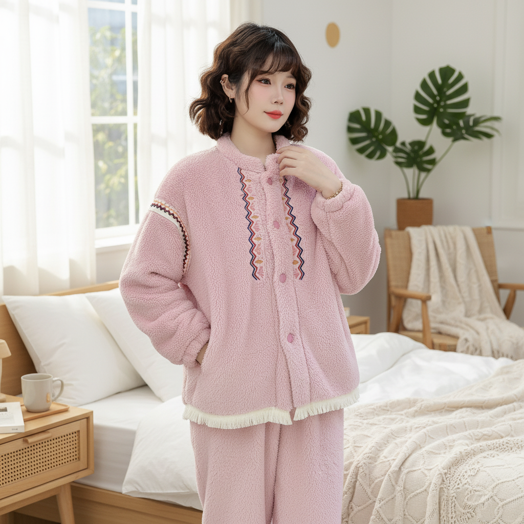 【瑜妹妹】新款国风刺绣立领-秋冬季加厚加绒保暖女睡衣家居服套装