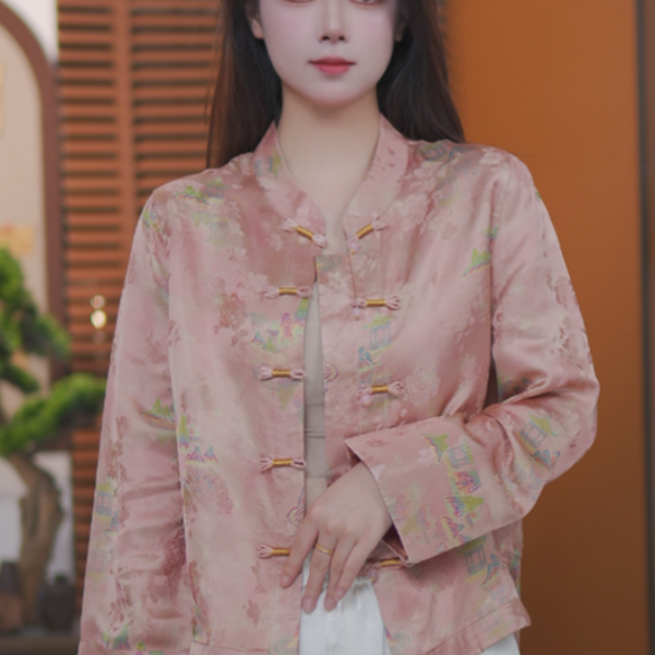 香云纱薄款常规款立领花纹桑蚕丝长袖上衣提花短款中国风