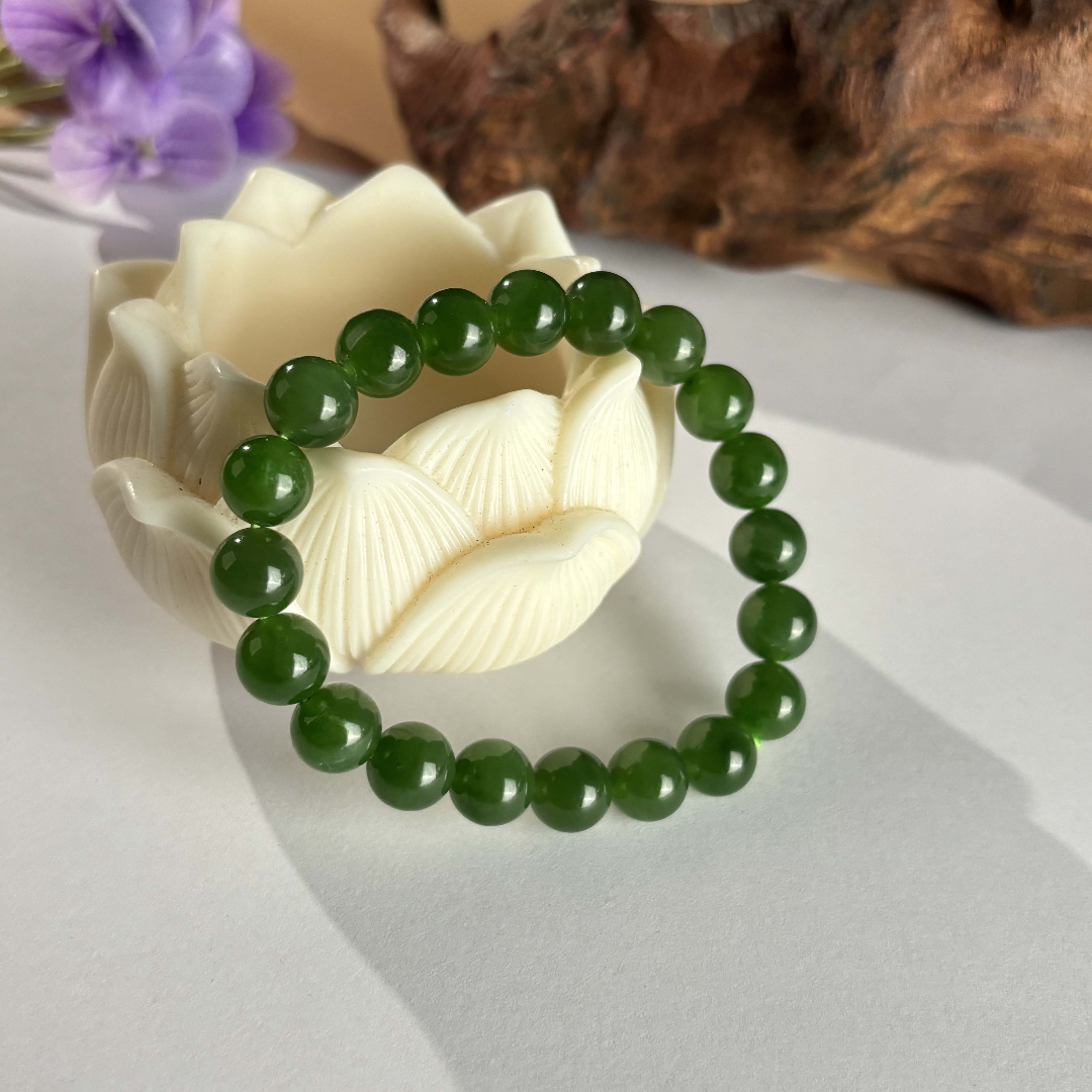 约10mm和田玉菠菜绿碧玉圆珠单圈手串