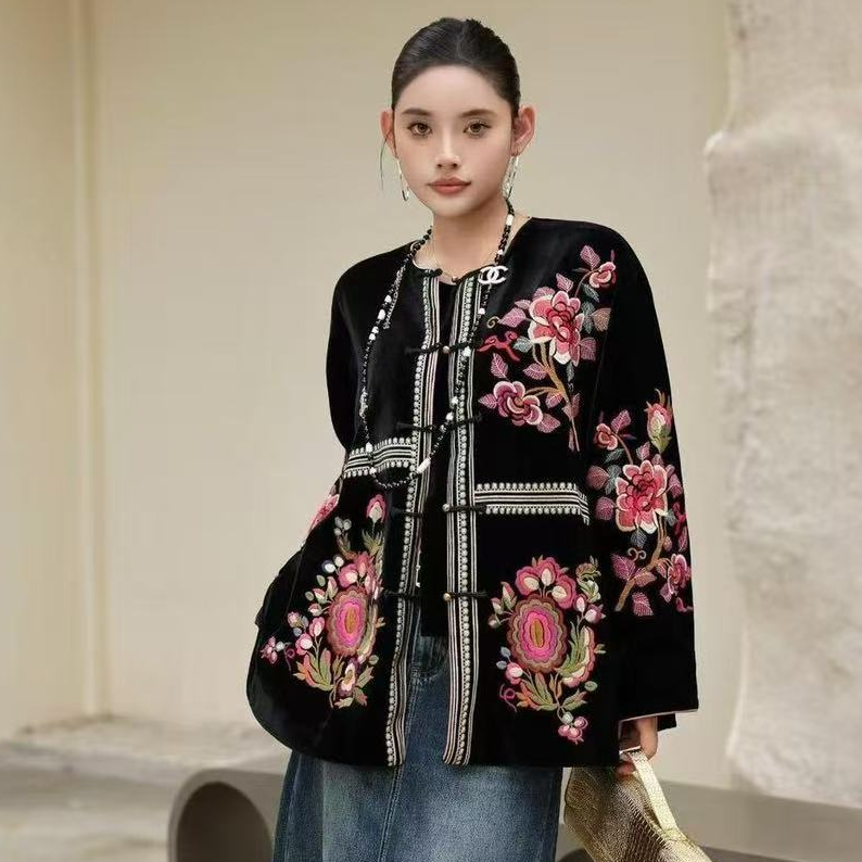 【束花】高级复古大版新中式国风丝绒刺绣盘扣加厚女装上衣外套棉袄