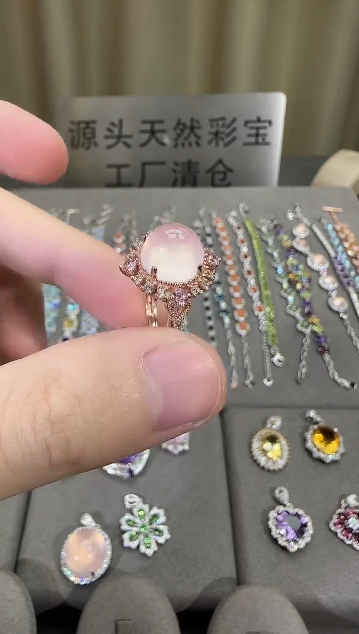 银S925镶嵌戒指芙蓉石10mm星光粉水晶戒指