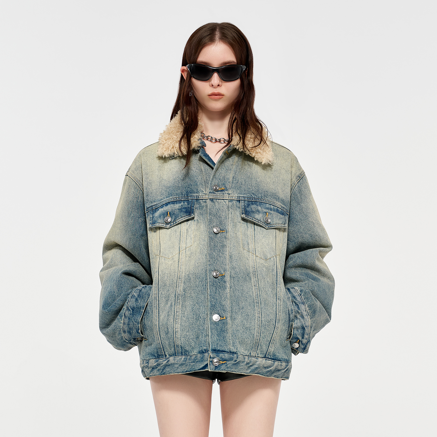 CALLED BACK官方直营吴宣仪同款秋季复古港风水洗毛毛领牛仔外套