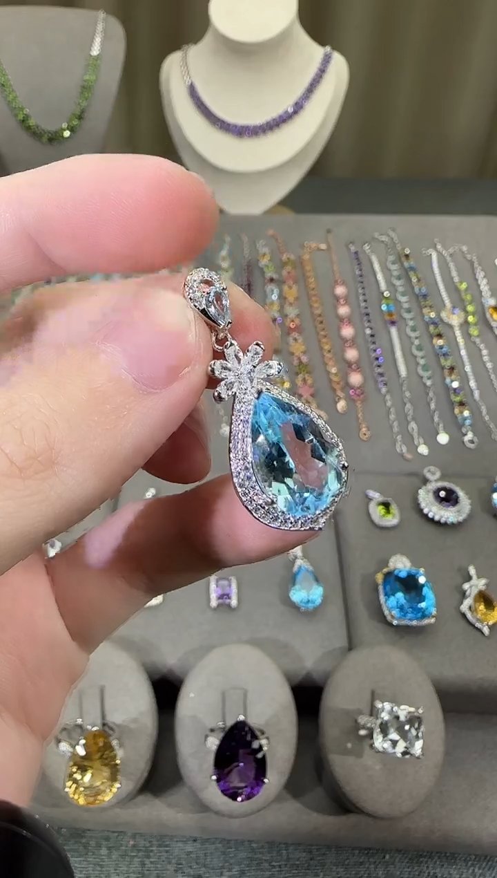 颈饰银S925镶嵌托帕石12*16mm吊坠水滴款