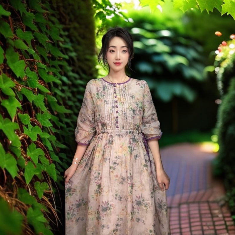 【心怡专属】苎麻印花收腰绑带显瘦小清新文艺气质长裙连衣裙有内衬