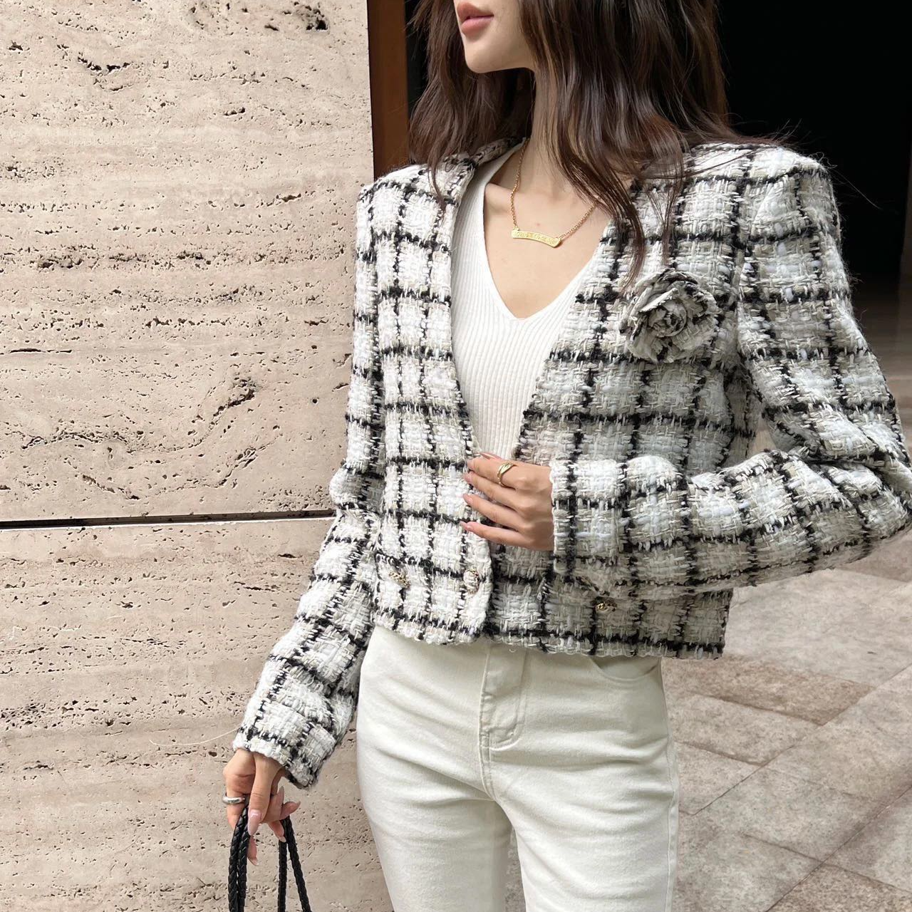 99新 Chanel/香奈儿 19K雪地系列黑白毛呢外套36码 肩宽43胸围86 