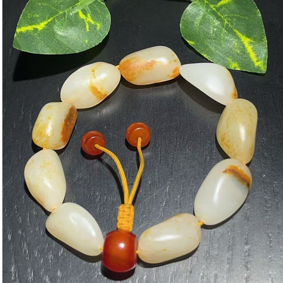 和田玉枣红皮红泌皮随形男女情侣款手链手串原产地发货53克