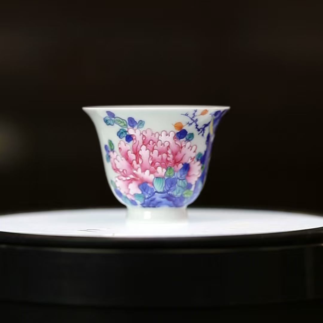 12.26a/M45C3/国色天香/陶瓷粉彩牡丹花鸟铃铛杯