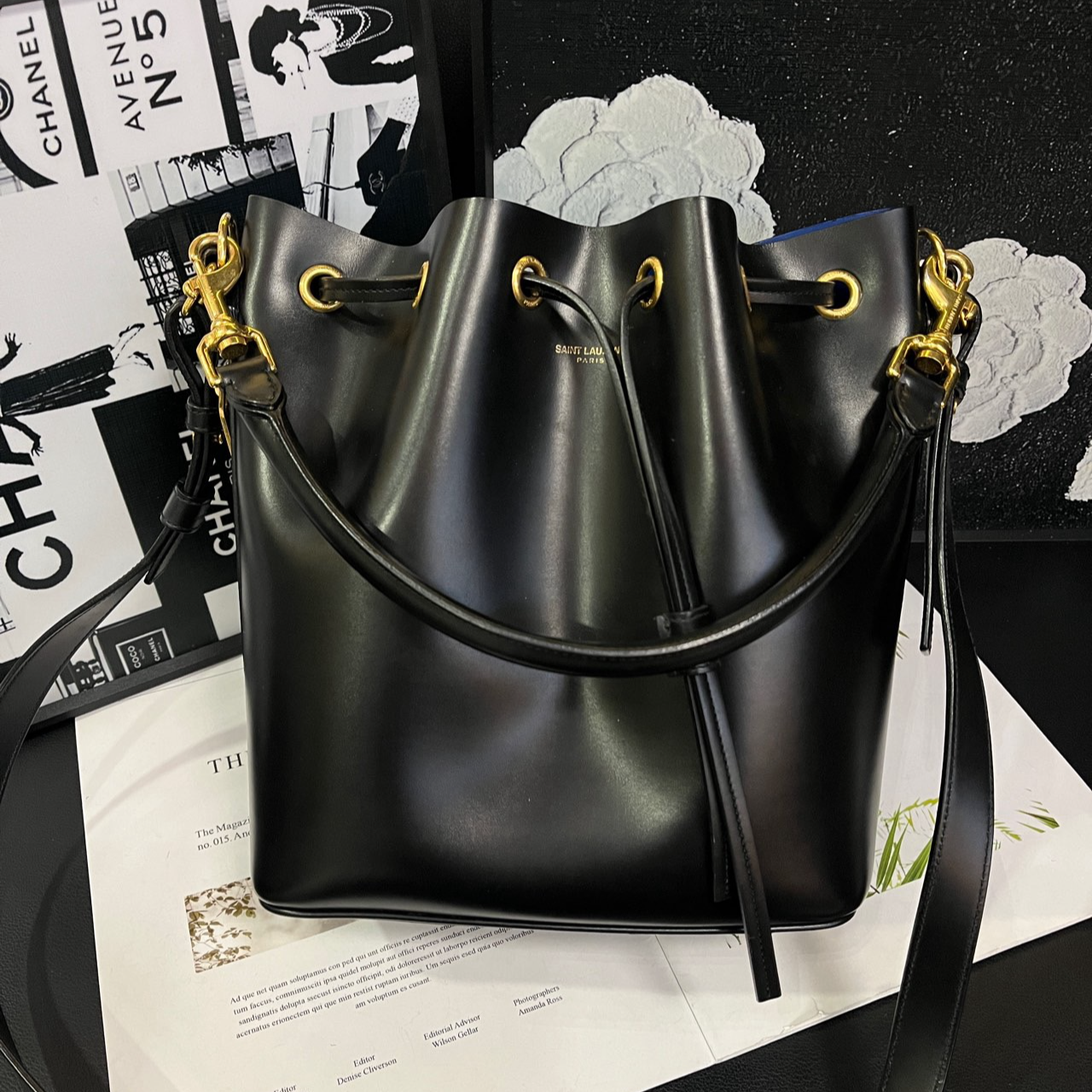 95新 YSL/圣罗兰 黑金抽绳水桶单肩包B1602