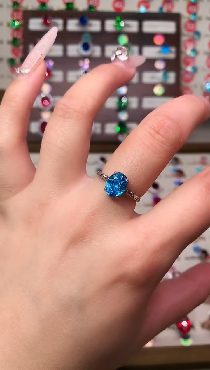 银S925镶嵌戒圈海蓝宝石7*9 银托