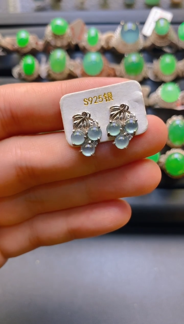 【闪购商品】翡翠耳饰银S925镶嵌天然A货翡翠1