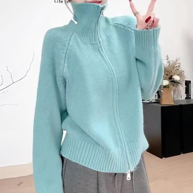 2025慵懒风毛衣外套女秋冬新款韩系立领拉链针织开衫上衣新