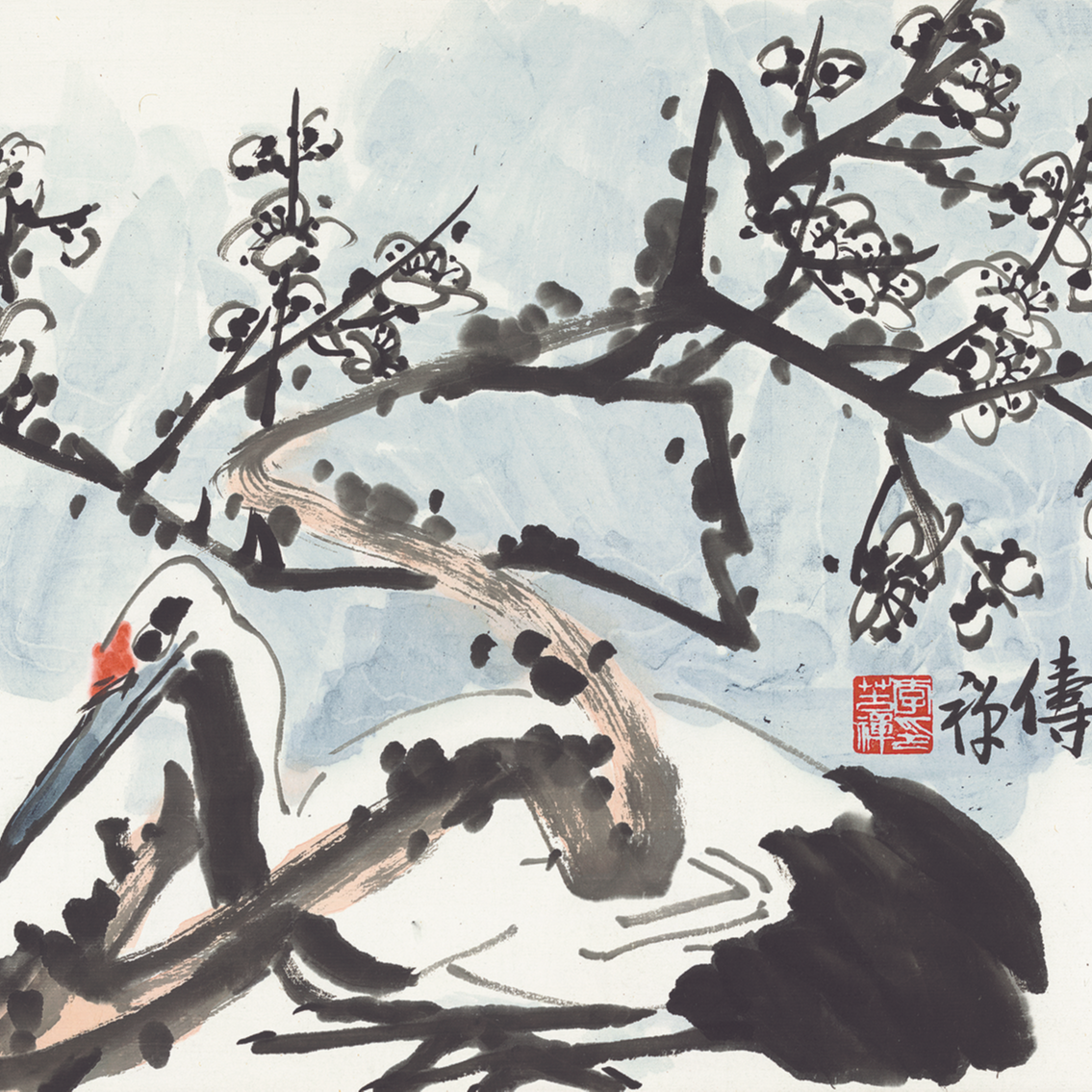 李苦禅版画:《白梅仙鹤》尺寸：33x45