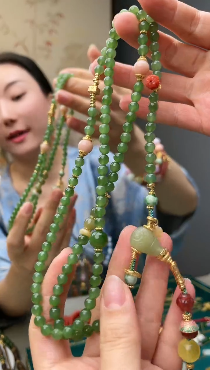 【闪购商品】和田玉（碧玉）颈饰银S925镀金镶嵌碧玉108项链