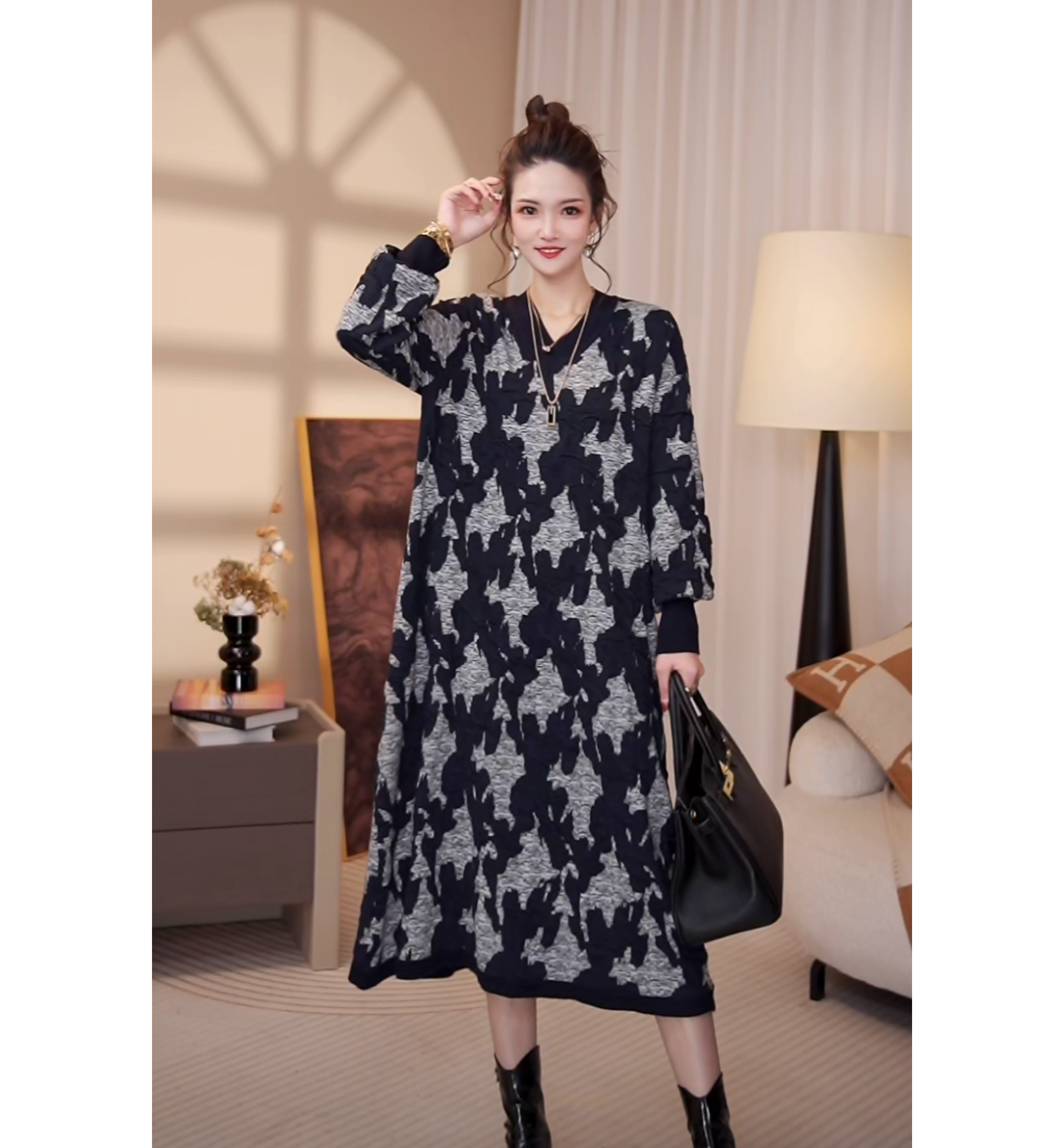 高端品质【蓝调】高档洋气减龄时尚长款毛衣显瘦微胖连衣裙-6615#