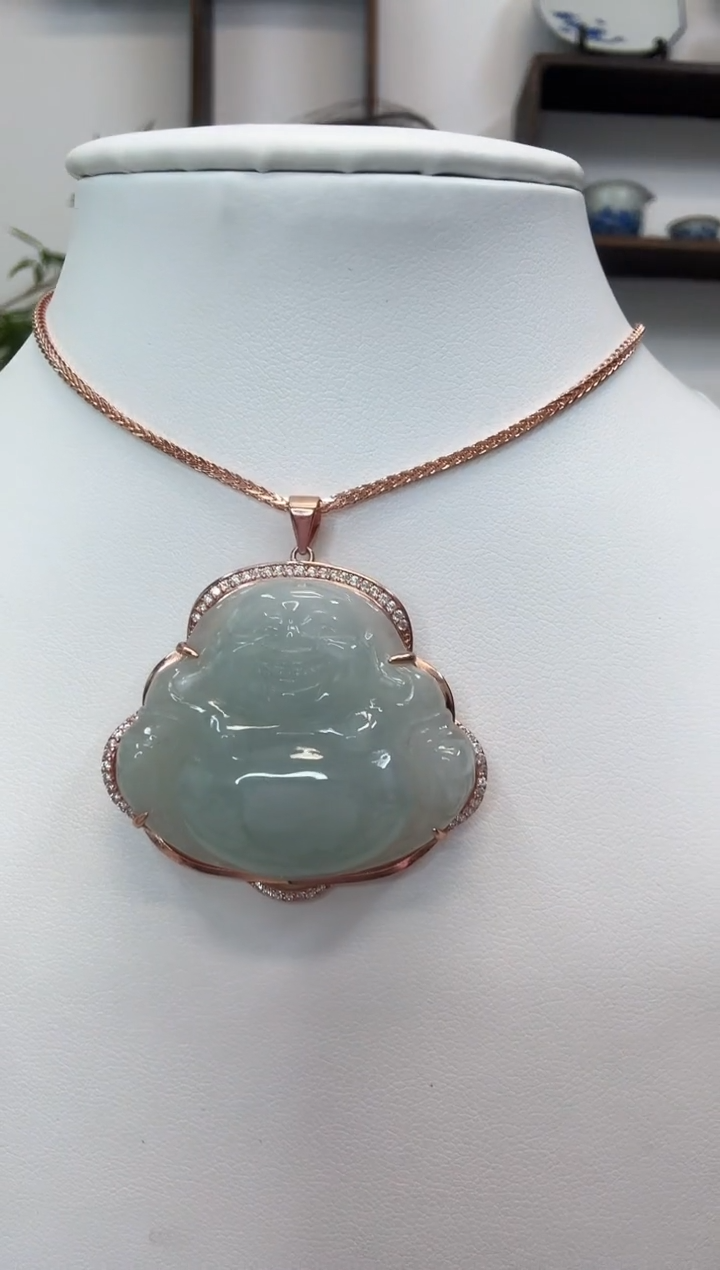 吊坠(赠链)银S925镶嵌翡翠佛公玫瑰边