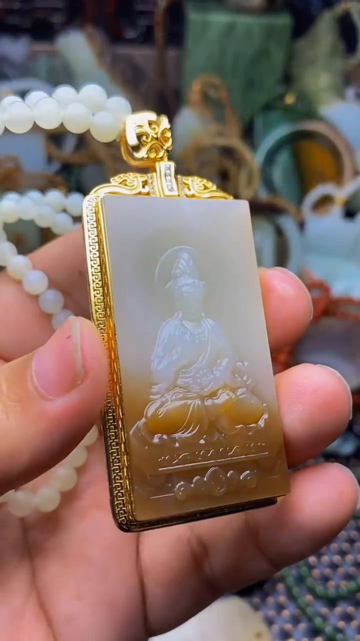 银S925镀金镶嵌和田玉挂件1