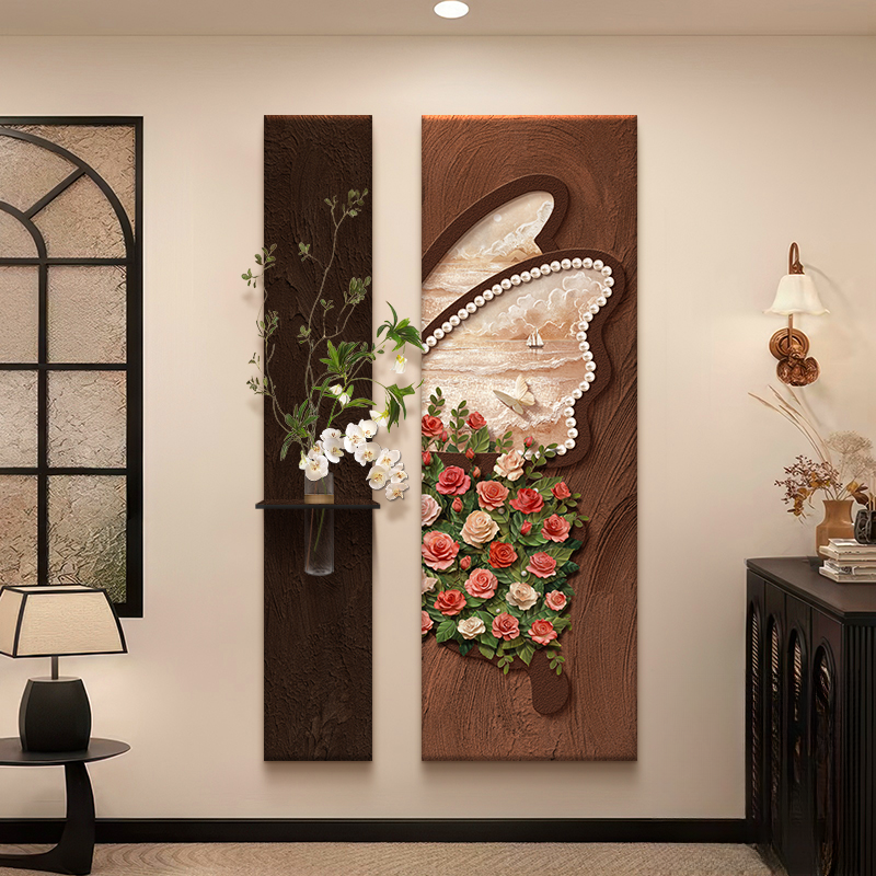 奶油风蝴蝶玫瑰玄关装饰画水培绿植造景壁画法式中古走廊过道挂画