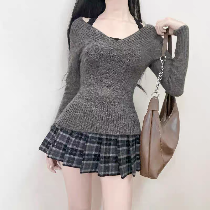 【小丹的衣柜】古着风秋冬毛衣系类v领辣妹夏季修身显瘦蕾丝露肩