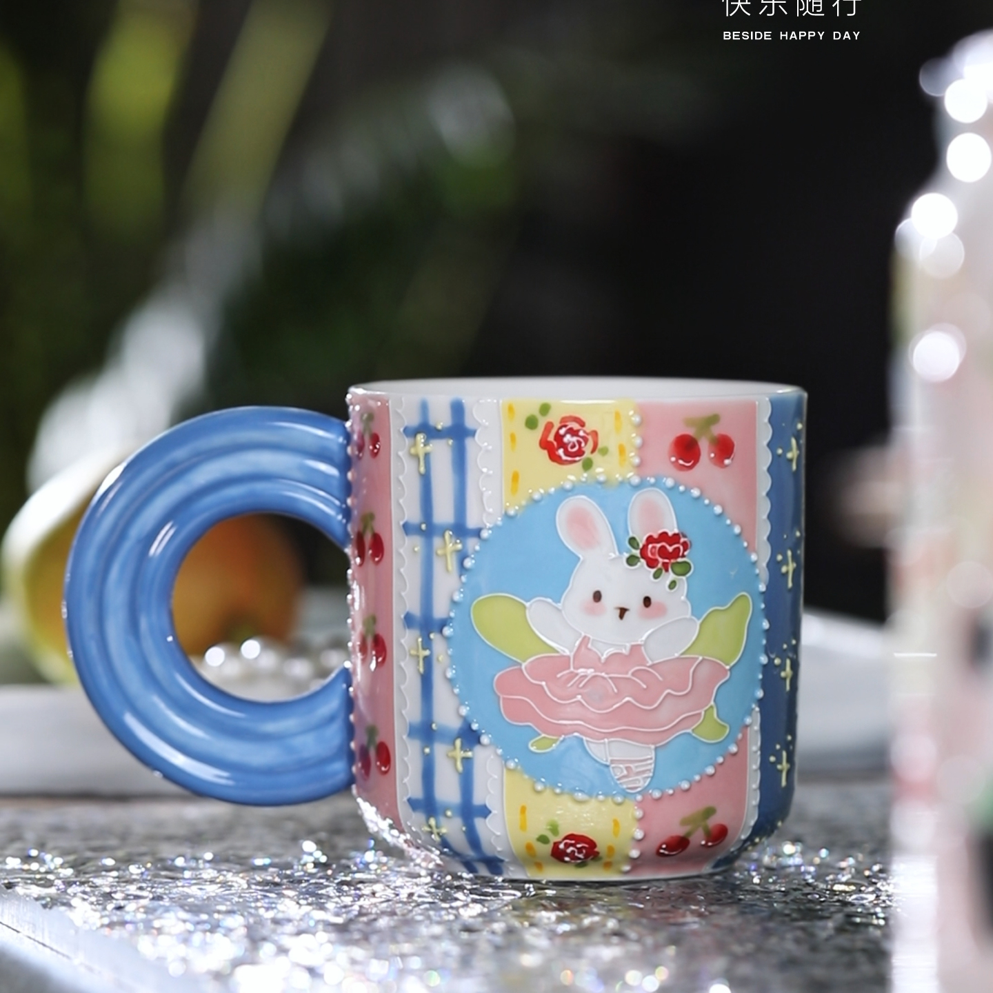 景德镇手绘釉下彩玉泥陶瓷彩虹把手马克杯249ml文创陶瓷