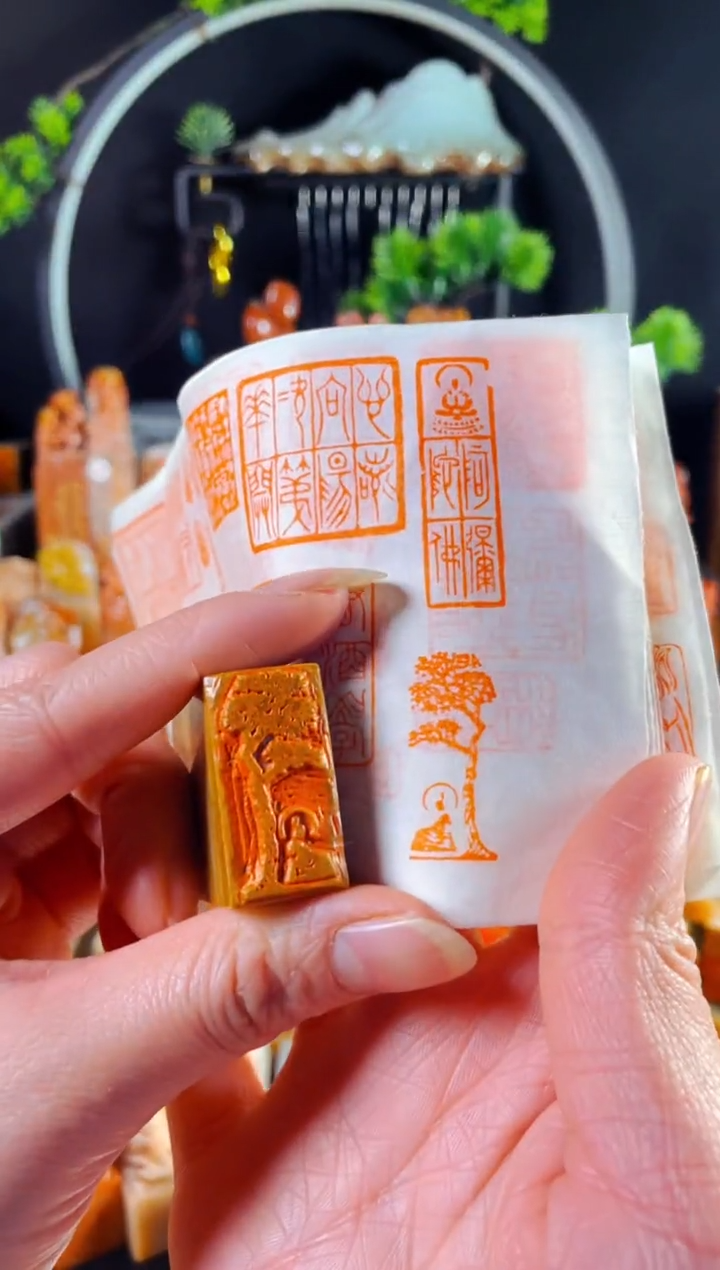 老挝石印石手工篆刻《菩提树下佛造像》1.5*3 木纹