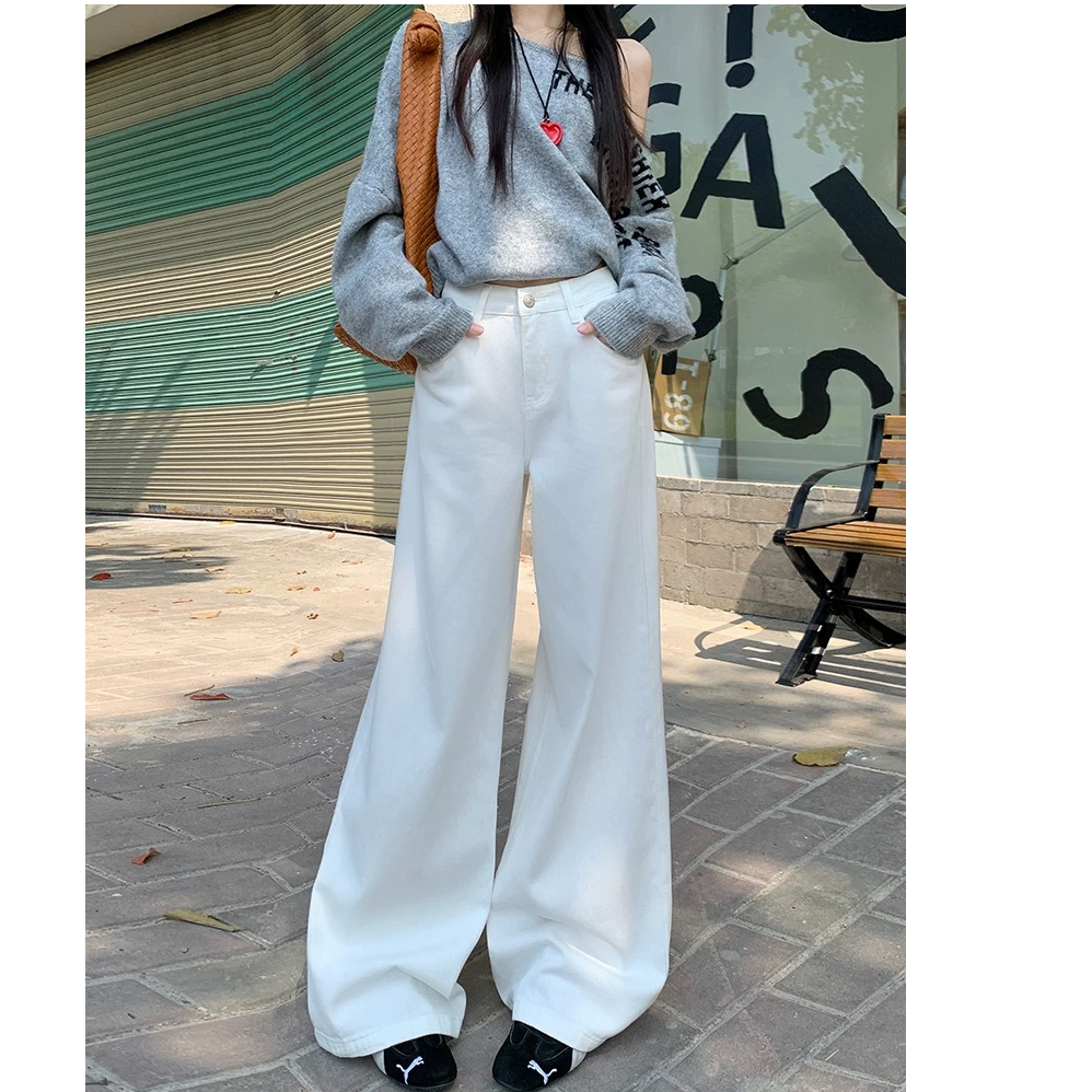 冬季新款百搭时尚休闲设计感加绒白色翻盖牛仔A版大阔腿裤B3026