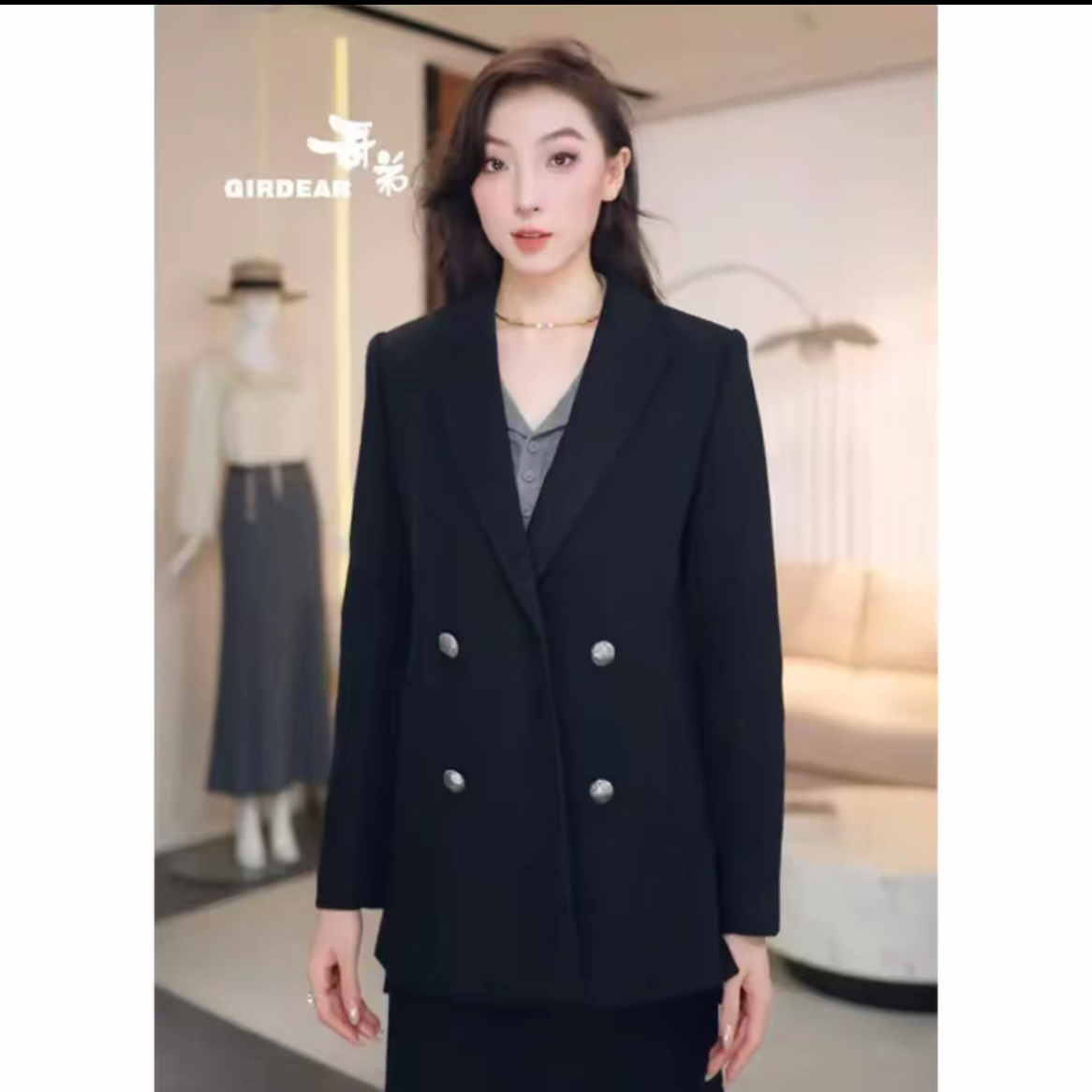 GIRDEAR/哥弟黑色中长款女含职业西装套装廓形百搭双排扣140002