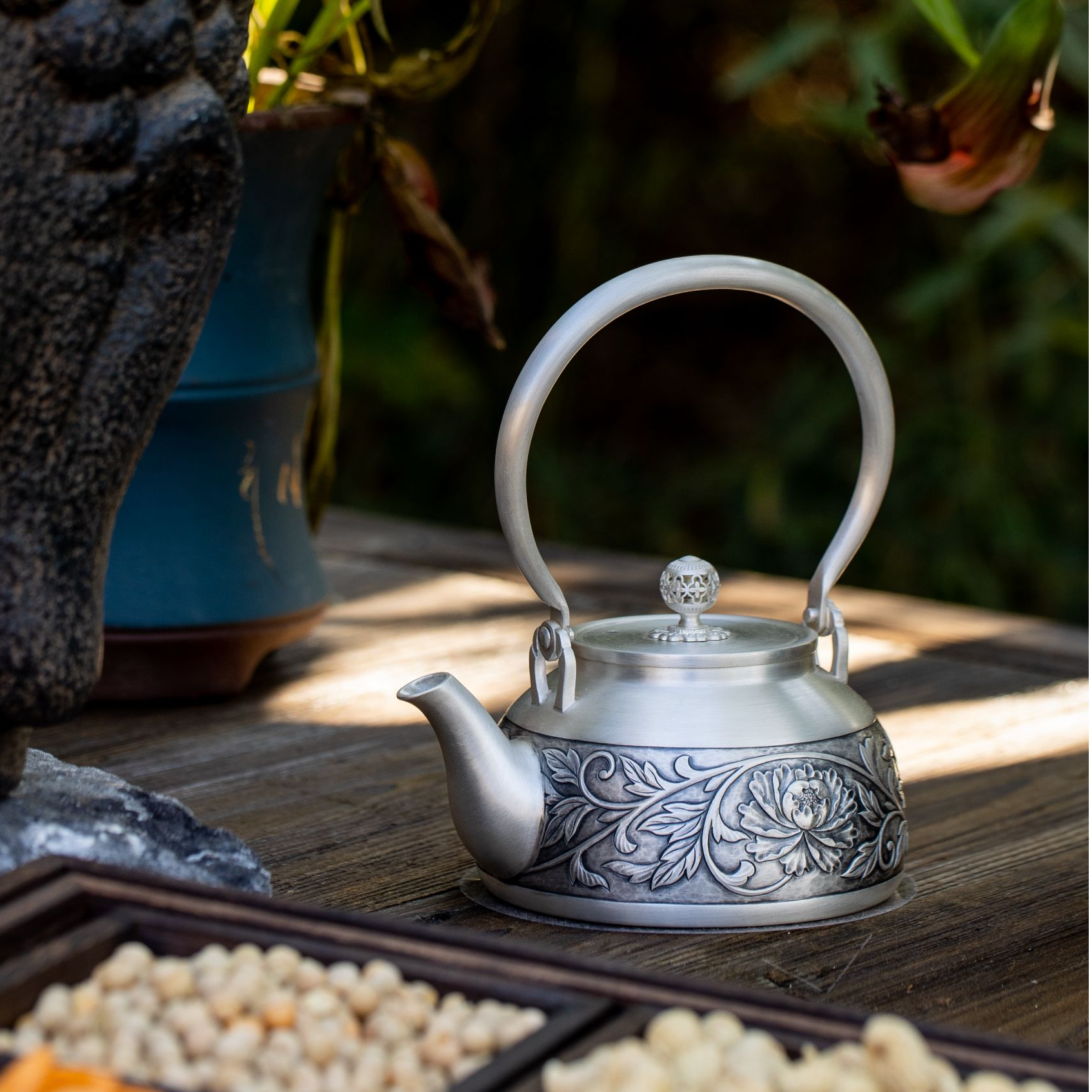 尚铜堂999足银全手工银壶煮水泡茶壶雕刻精美新中式450ml送礼长春