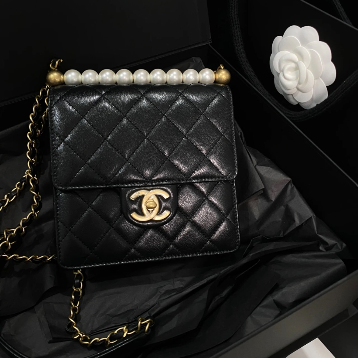 99新 Chanel/香奈儿 黑金珍珠口盖单肩包