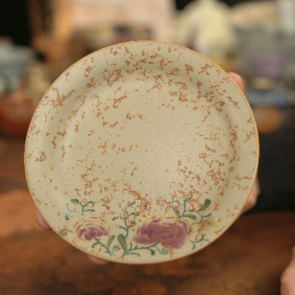 花开倾城青花火石红焦糖釉圆形壶承