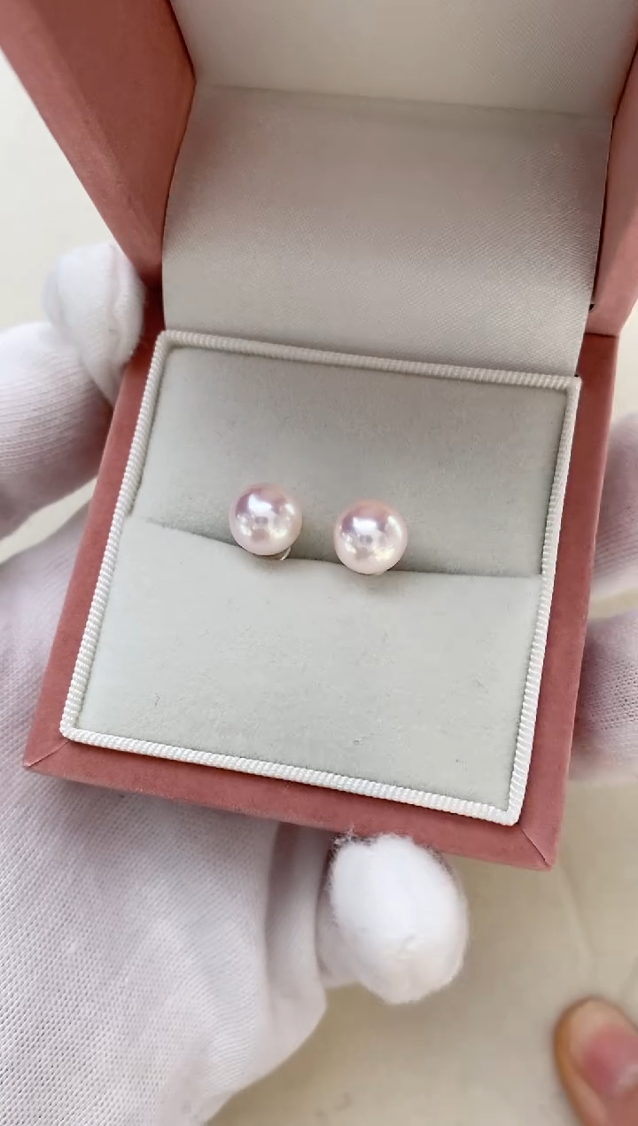 【闪购商品】海水珍珠耳饰18K金镶嵌特价8-8.5特选天女耳钉樱花粉