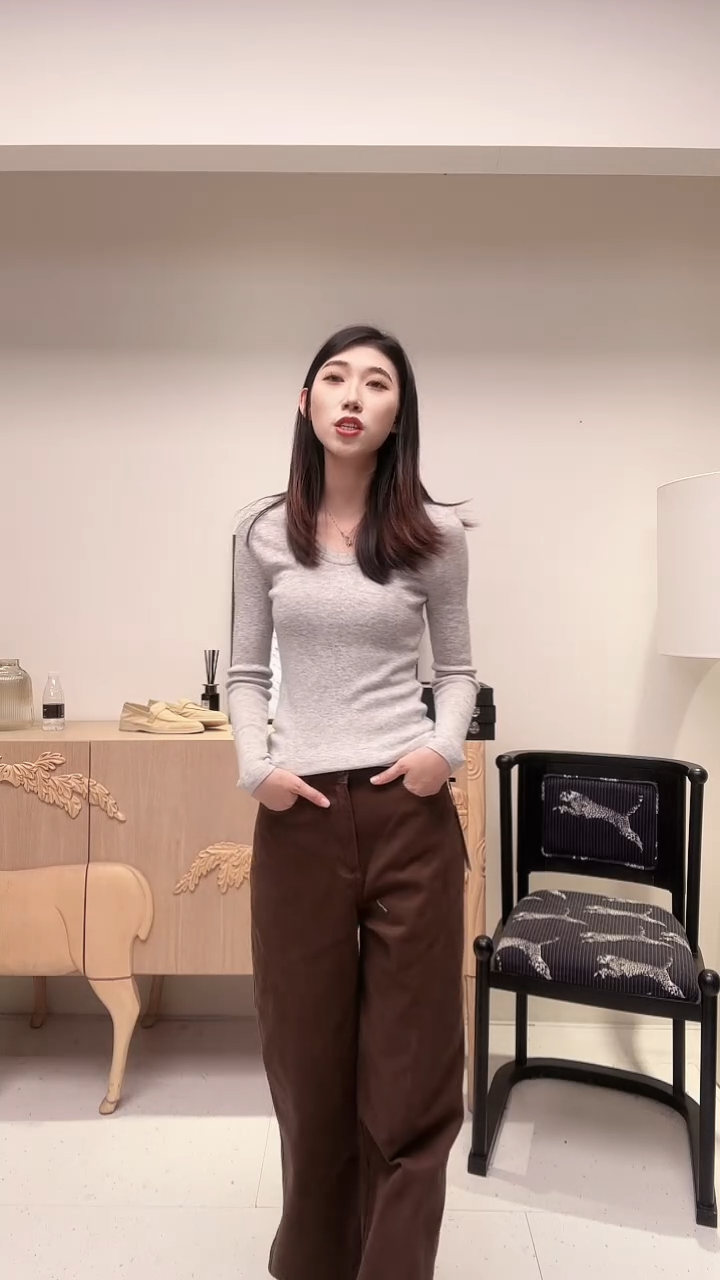 老钱咖啡色直筒阔脚裤