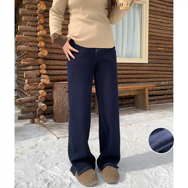裂渡宣宣【丹宁艺术家】加绒开衩裤女冬显瘦双版本牛仔裤ZY510A68