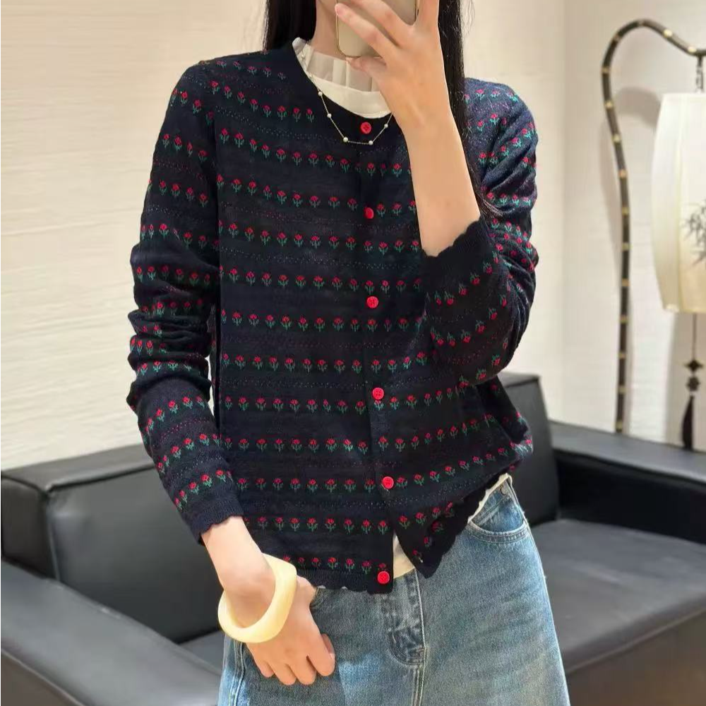 美红家    早秋圆领玫瑰花图案长袖针织开衫