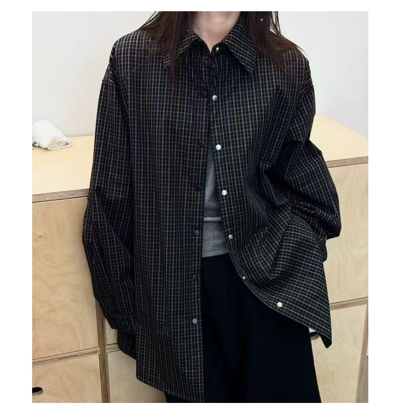 黑格子夹棉衬衣#Hy730