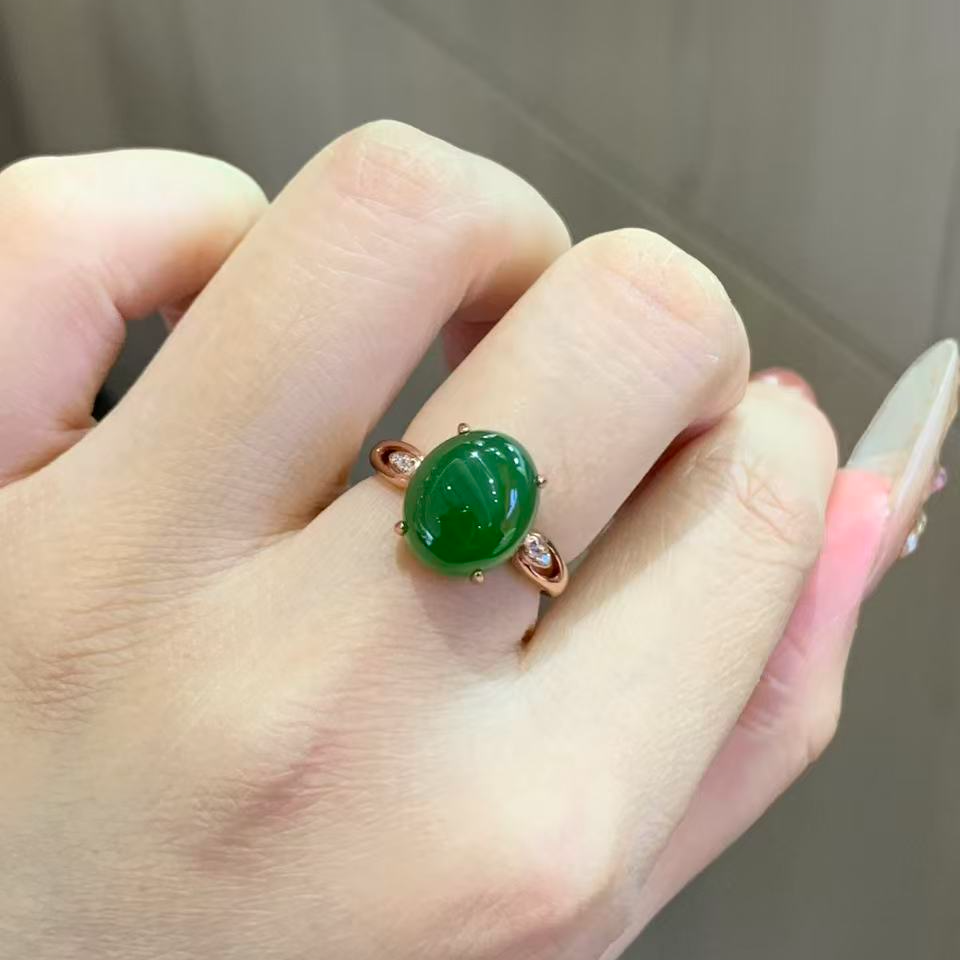 【玉在东方】绿圆戒指和田玉碧玉戒指 s925银镶嵌好看的气质时尚